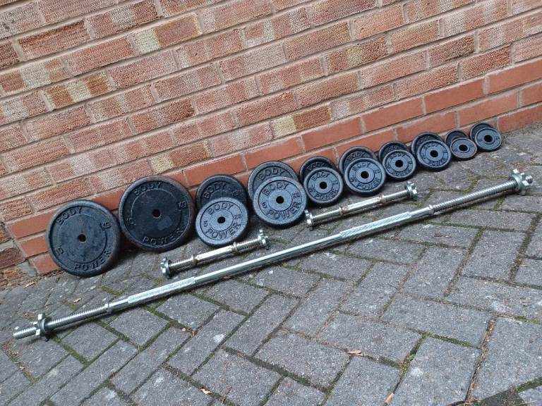 image for BODY POWER CAST IRON WEIGHTS PLATES BARBELL & DUMBBELL SET