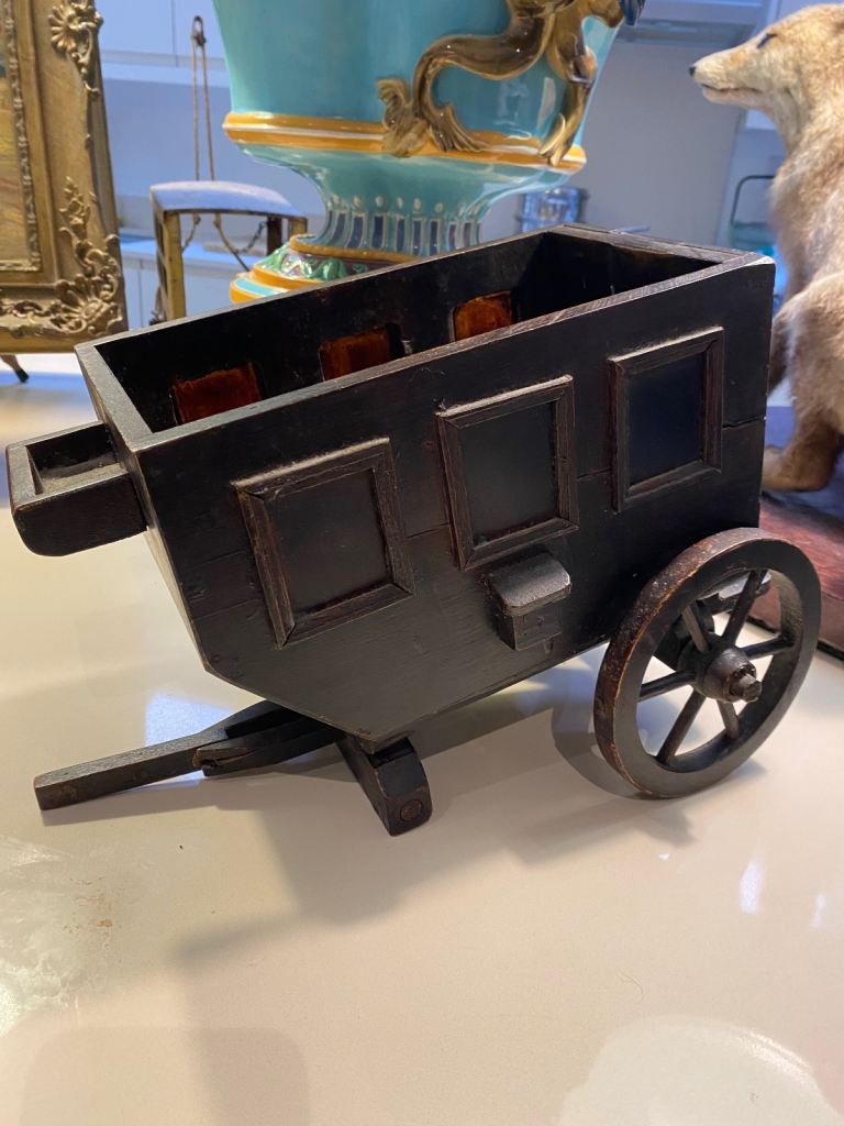 Horse drawn wooden carriage, appears hand made, Flemish, 