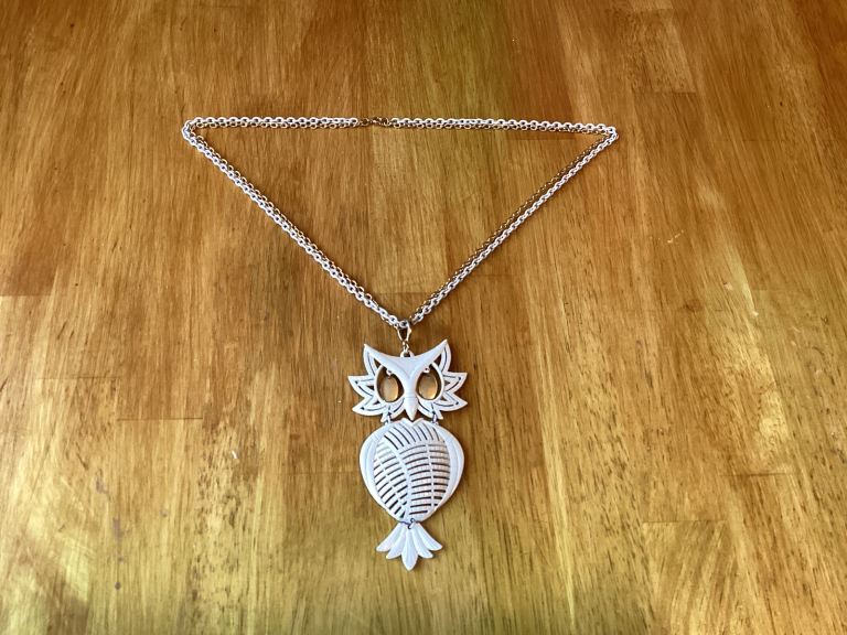 Alan Owl Necklace Vintage 1970s Designer White Enamel Large Pendant Costume Jewellery Gift Present