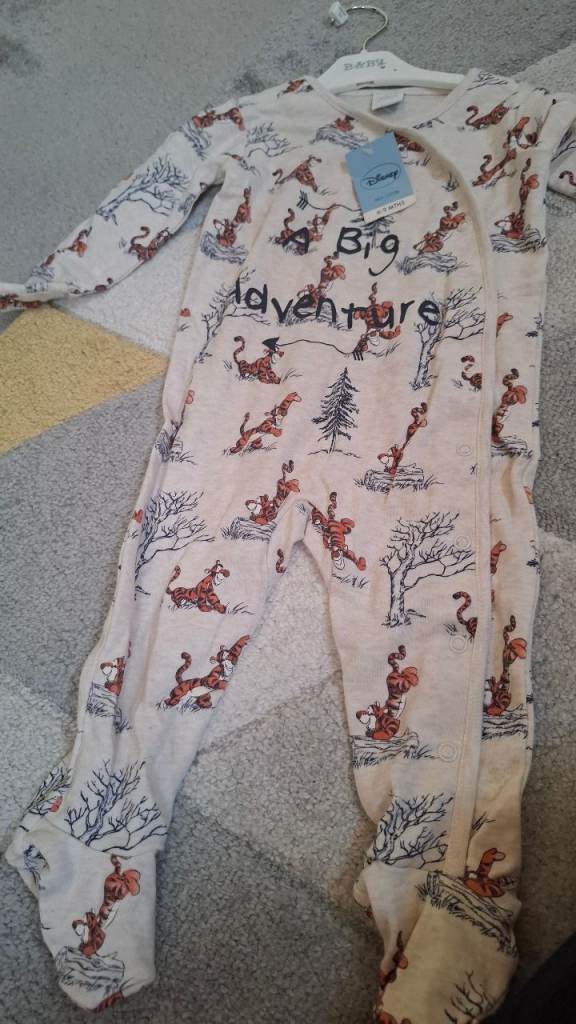 New Disney Tigger 'Big Adventure' Baby Sleepsuit – White, Cotton