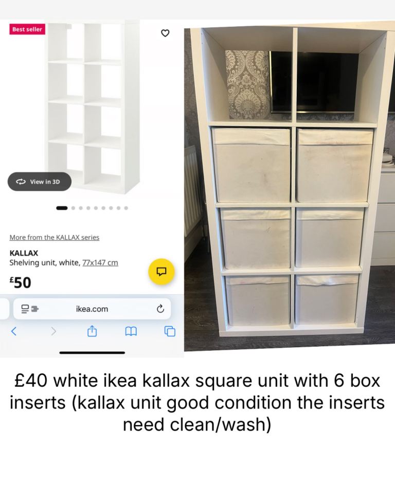 £40 white ikea kallax square unit with 6 box inserts (kallax unit good condition the inserts ned cle