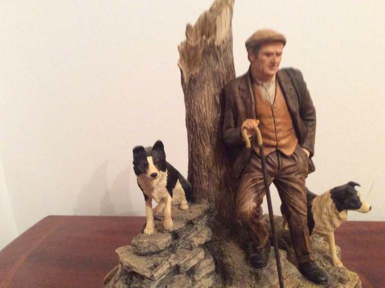 Large border art figure shepherd and  two collie on wooden plinth