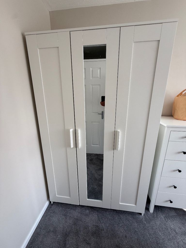 2 IKEA White Wardrobes with Mirror and Shelves –  Excellent Condition 