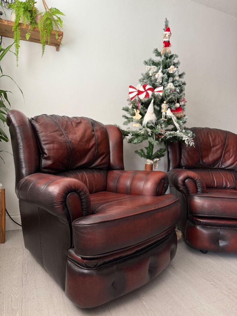 Pair Saxon Kendal Chesterfield Style Leather Vintage Armchairs
