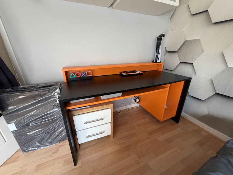 Gaming Desk with USB Powered LED Light – Black and Orange