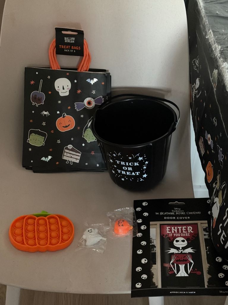 Halloween trick or treat bucket and decorations 