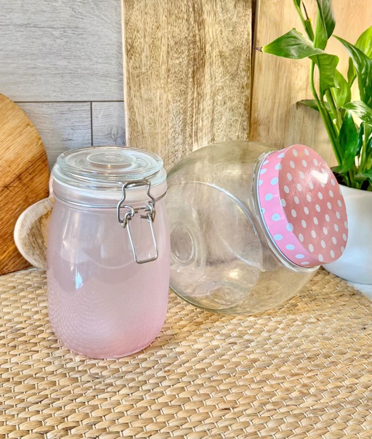 2 glass storage jars pink 17.5 & 18cm tall Pink glass ombré  jar with ceramic clip metal Lid