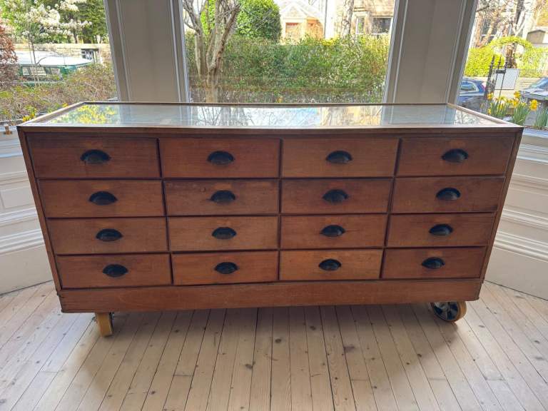 Vintage Haberdashery Cabinet / Shop Display Unit – 12 Drawers – On Castors