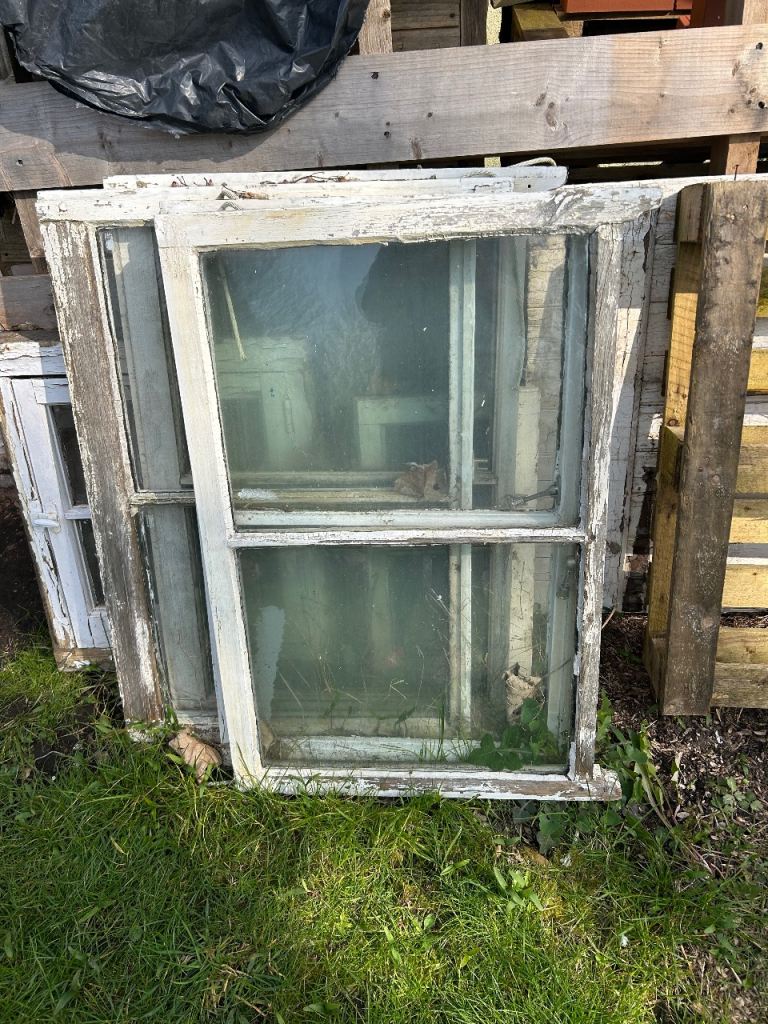 2 Original Sash Windows and 8 Iron Weights and 2 replacement windows 