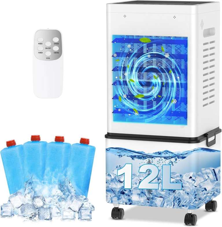 Portable Air Conditioner, 12L Evaporative Air Cooler with Remote, 6 Speeds & 2 Modes, 24H Timer