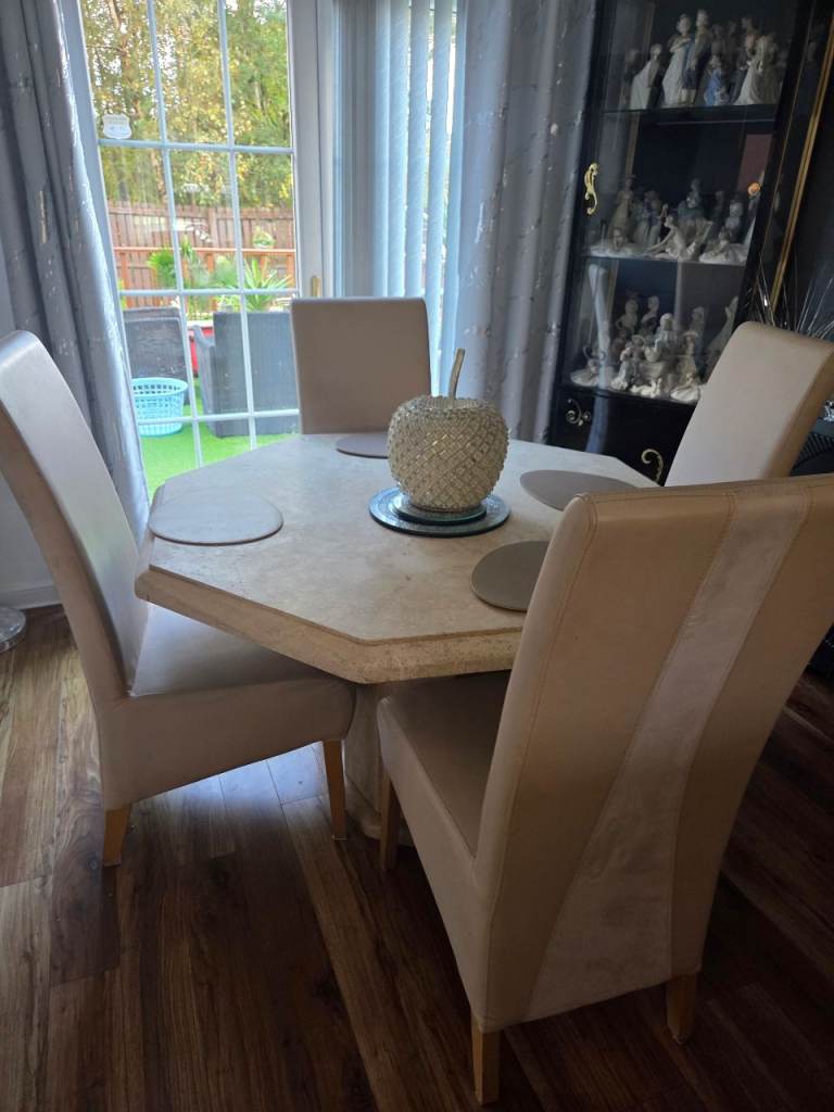 Octagonal Dining Table and 4 Chairs - Beige Faux Leather
