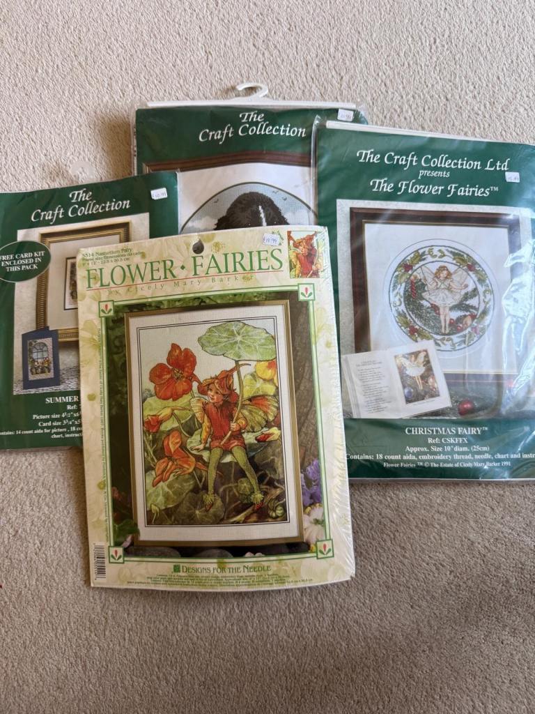Vintage Cross Stitch & Needlework Kit Bundle – Flower Fairies, Craft Collection & Needlework Guide
