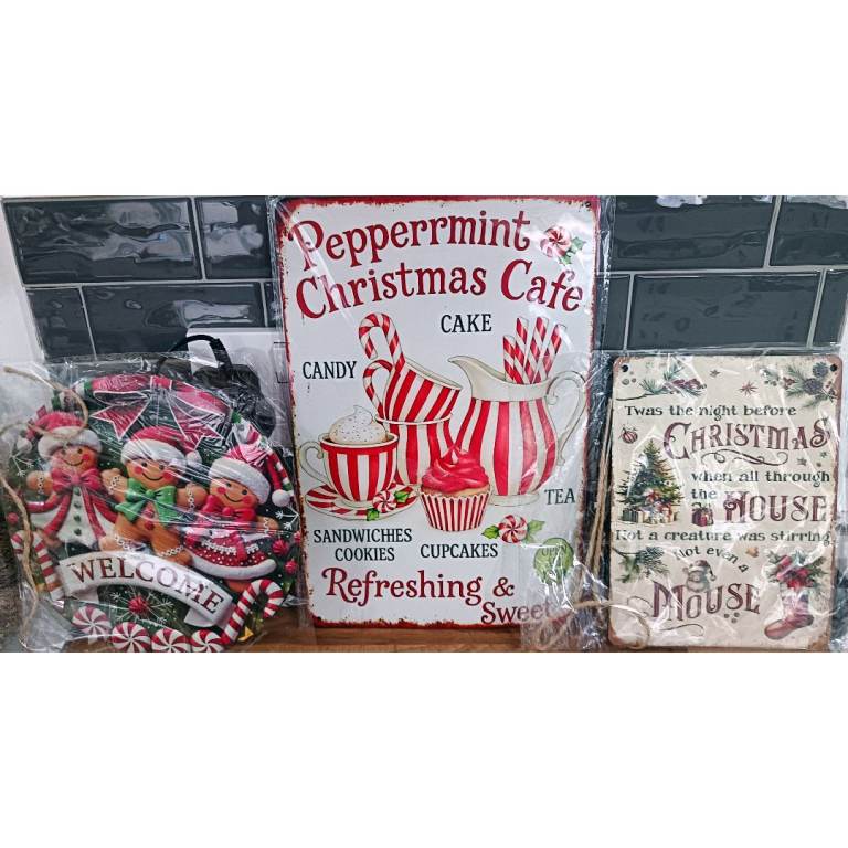 New Christmas Decorations - Metal Signs & Gingerbread Welcome Plaque