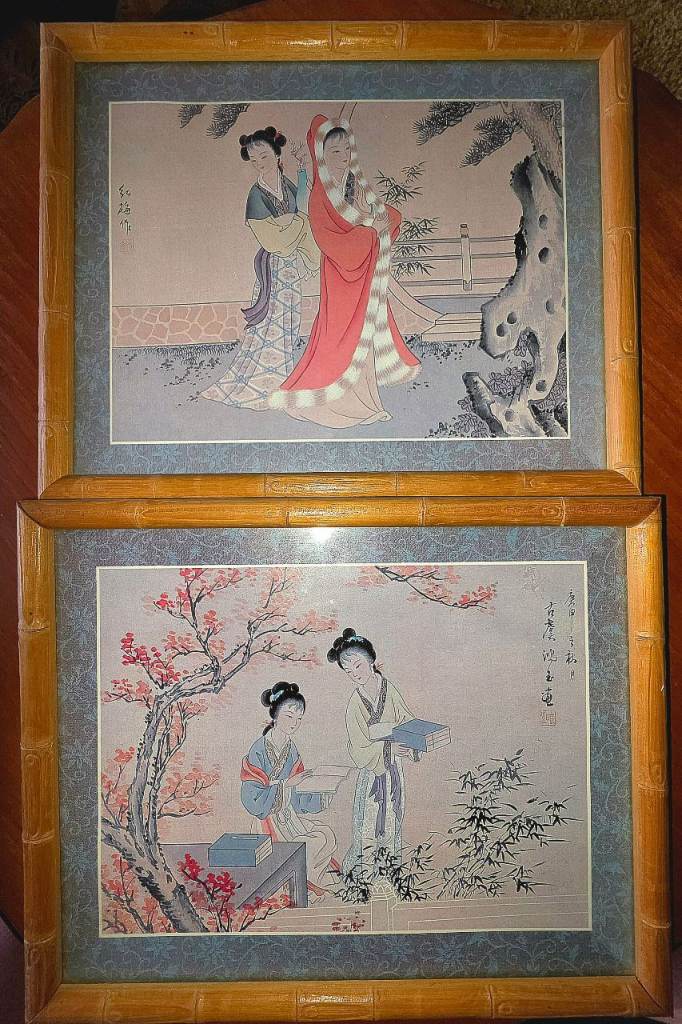 Pair of Vintage Chinese Gongbi Style Paintings in Bamboo Frames