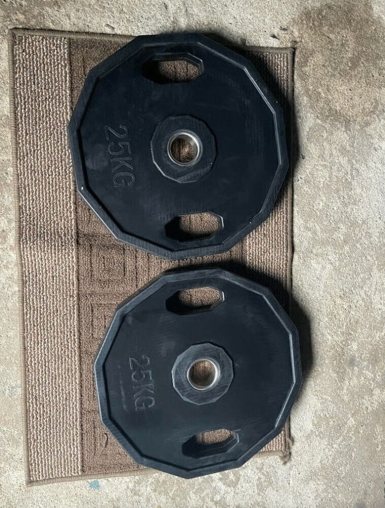 weight plates 25kg x 2 (squat rack, bench set, dumbbells, barbell available)
