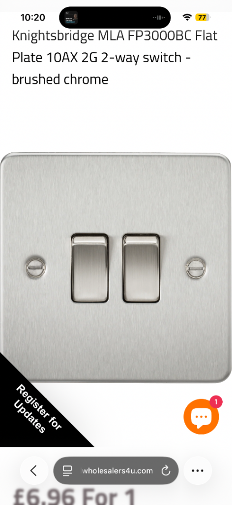 Knightsbridge MLA FP3000BC Flat Plate 10AX 2G 2-way switch - brushed chrome