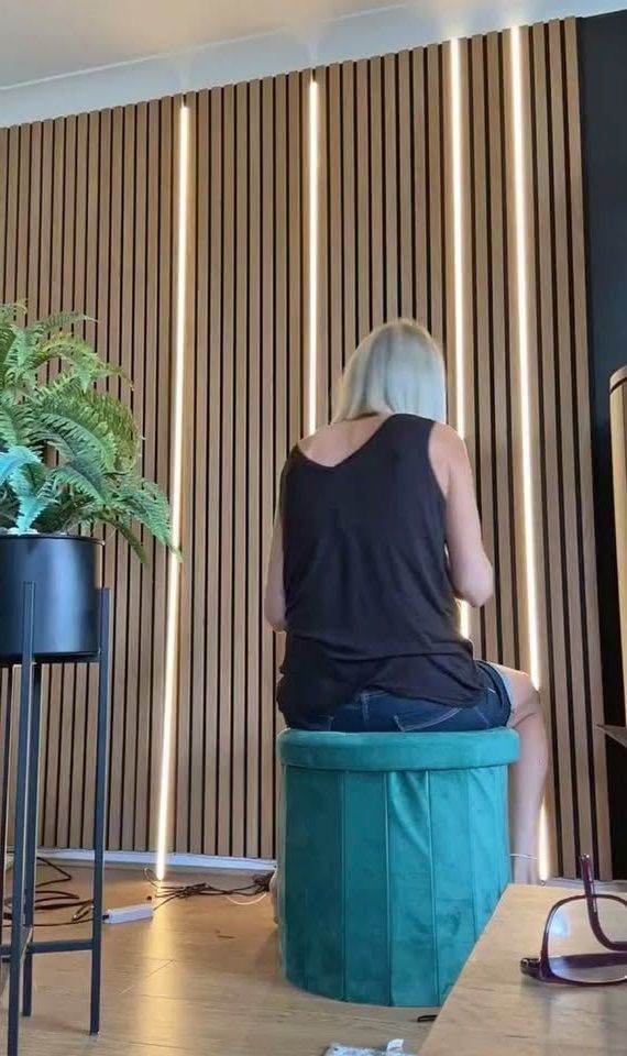 Black Wooden Slatted Wall Panel with TV Mount