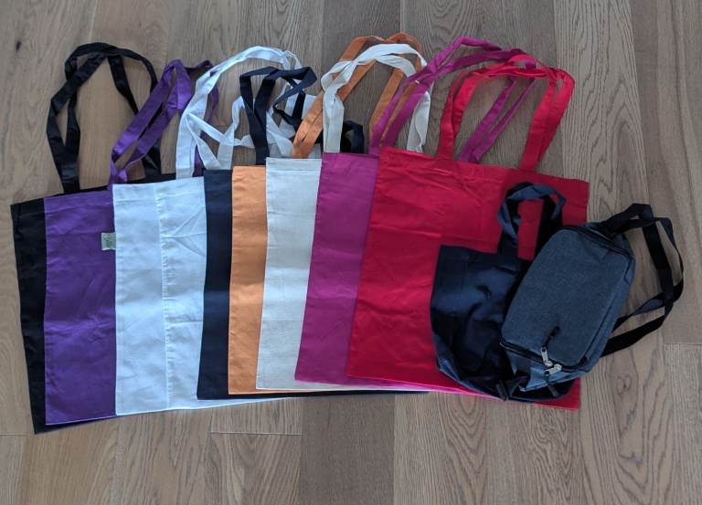 40 x TOTE BAGS (Most NEW); lunch bag (NEW); Nylon Drawstring Bags (NEW)