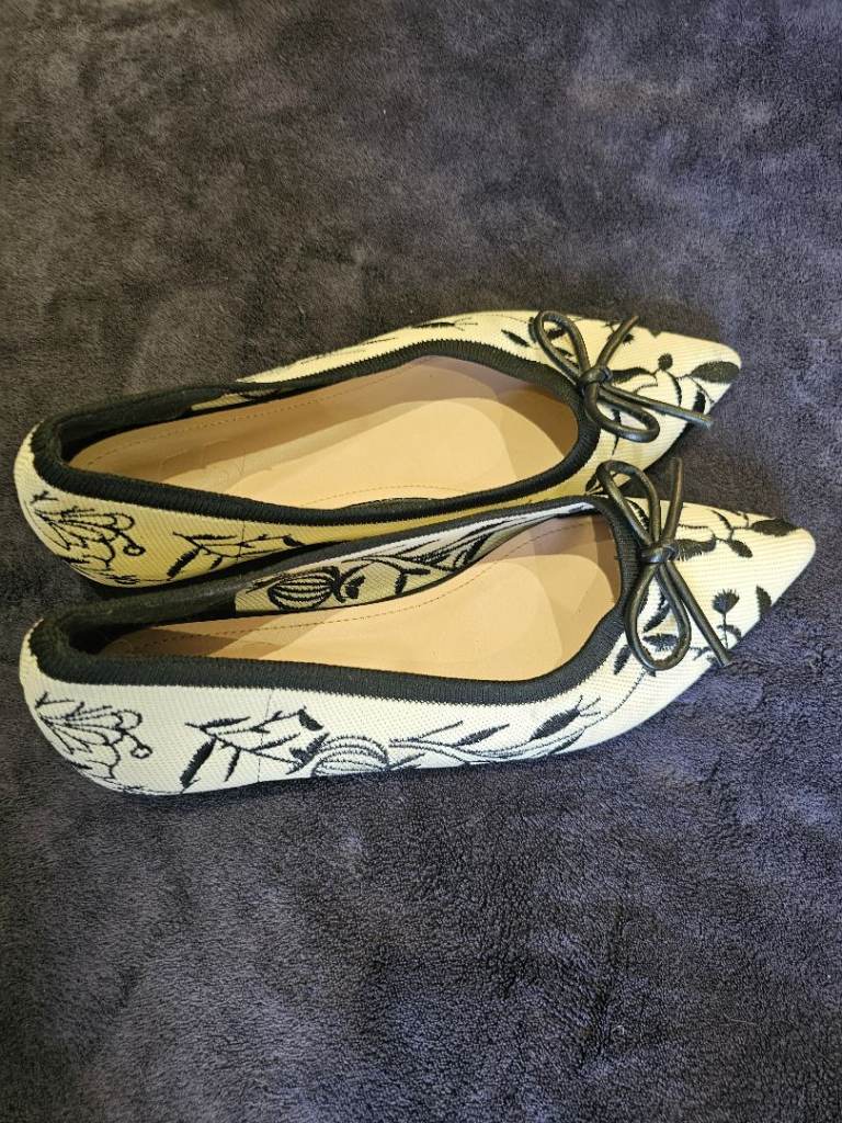 Women's Ivory & Black Floral Embroidered Pointed-Toe Ballet Shoes