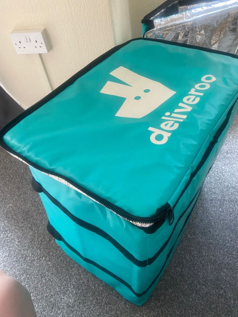 Insulated blue Deliveroo thermal food delivery bag. X2