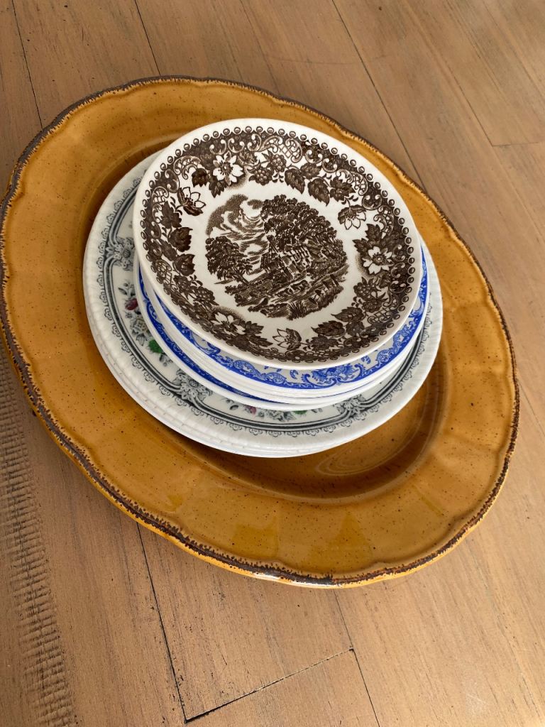 Mixed Pattern Ceramic Plates and Platter – Good Condition