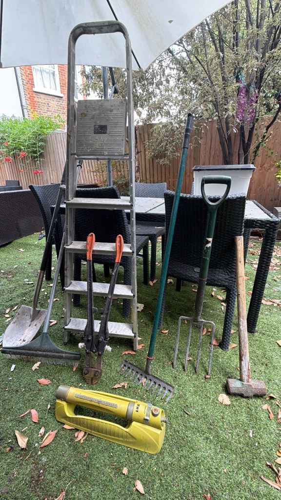 Garden Tools Bundle: Ladder, Spade, Rake, Fork, Bolt Cutters, Sprinkler