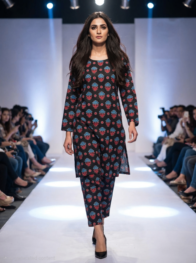 NEW Pakistani Khaddar 2PC Salwar Kameez - Navy Floral Print - Sizes M & L