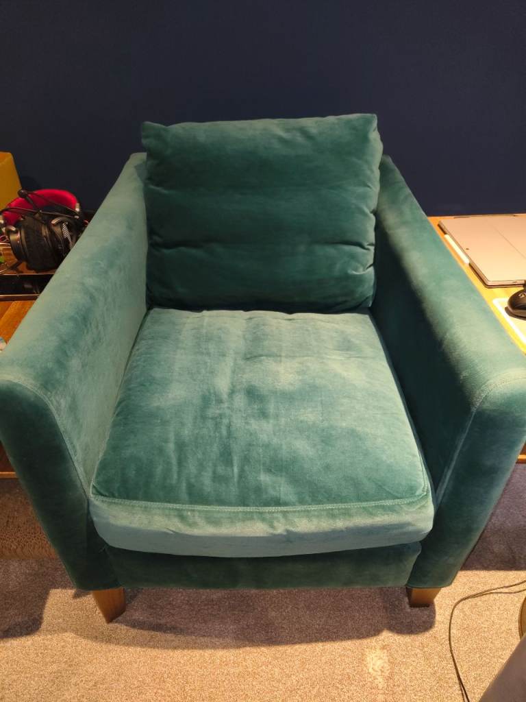 PRICE DROPPED! Two (2) Izzy Small Armchairs with Smart Velvet fabric and English Oak legs