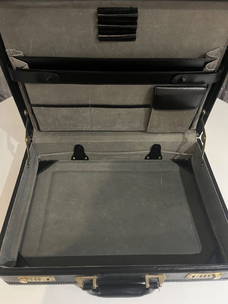 Vintage Hard-Shell Attaché Briefcase – Black Leather Look with Brass Hardware