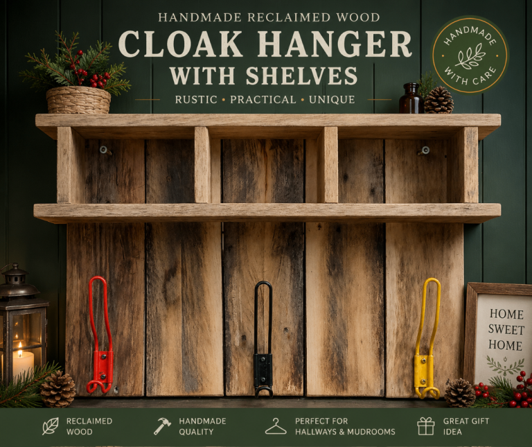 Handmade Reclaimed Wood Cloak Hanger with Shelves – Rustic