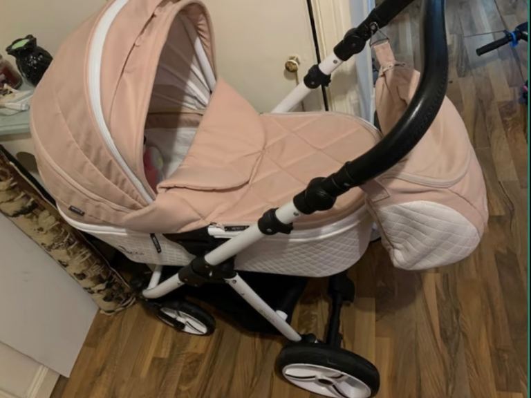 Venicci pink and white leather travel system pram 