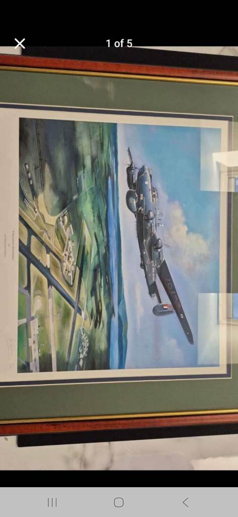 RAF Shackleton print, 8 Squadron over Lossiemouth.framed.