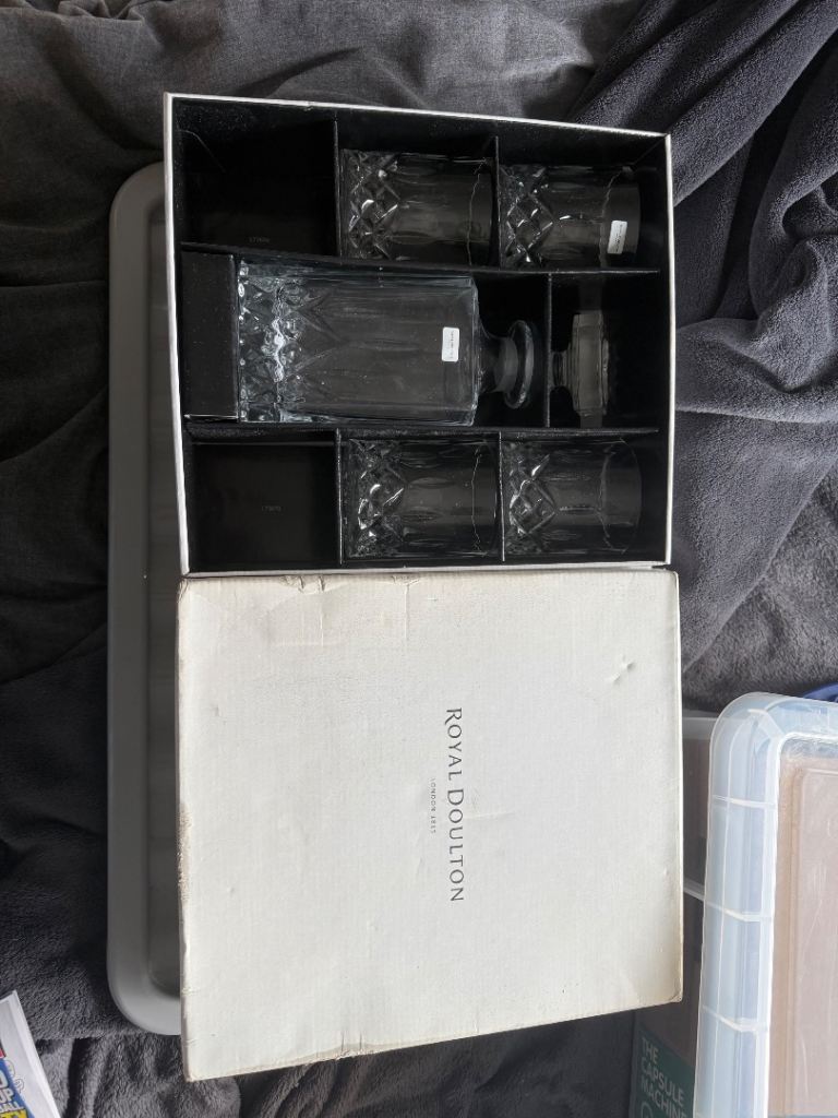 Royal Doulton Square Spirit Decanter & 3 Tumblers Boxed - 4th Cracked