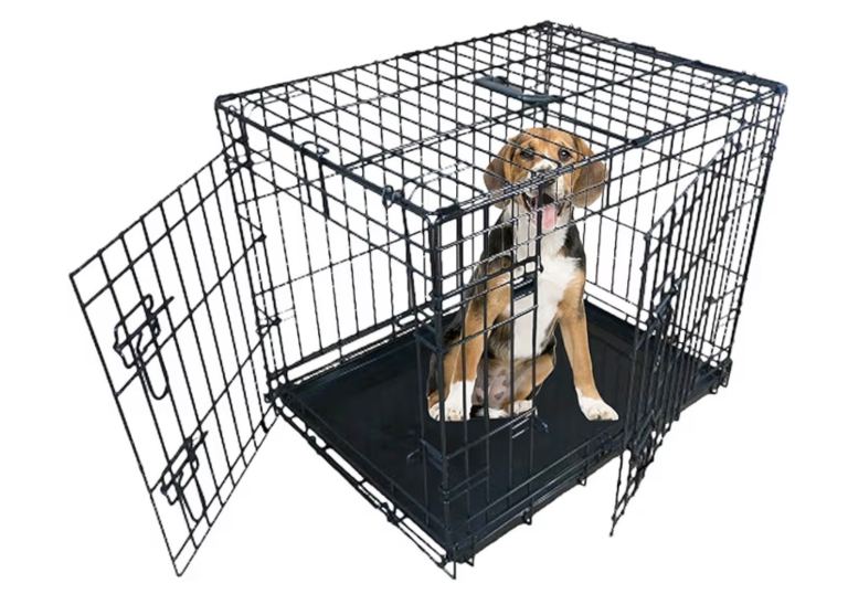 Black metal foldable dog crate with 2 doors plus cover