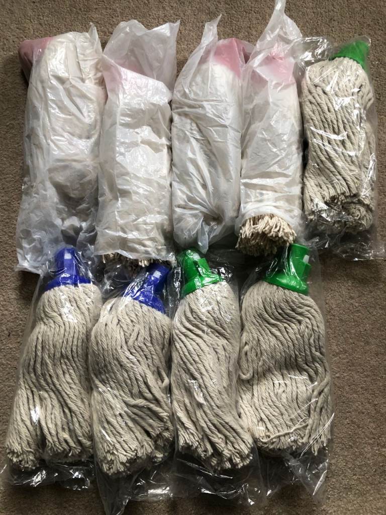 9 x Brand New Colour Coded Cotton Mop Heads, c 12 inches long, 210 g when dry