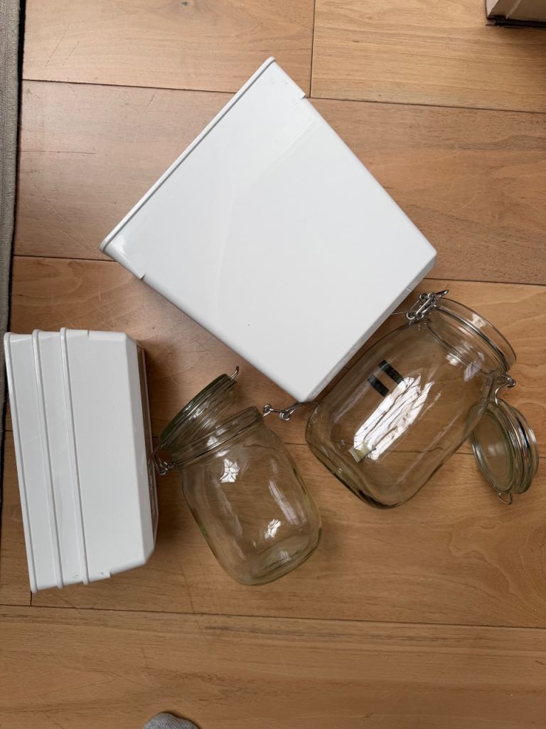 Glass Clip Top Jars and White Storage Container – Good Condition