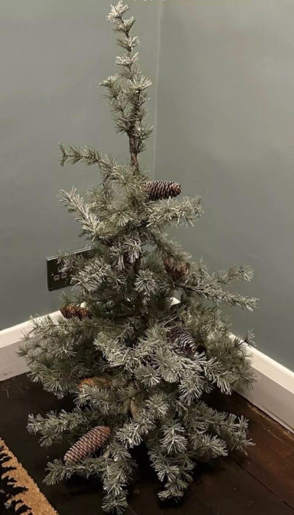 3 foot snow sprayed Christmas tree with fir cones  