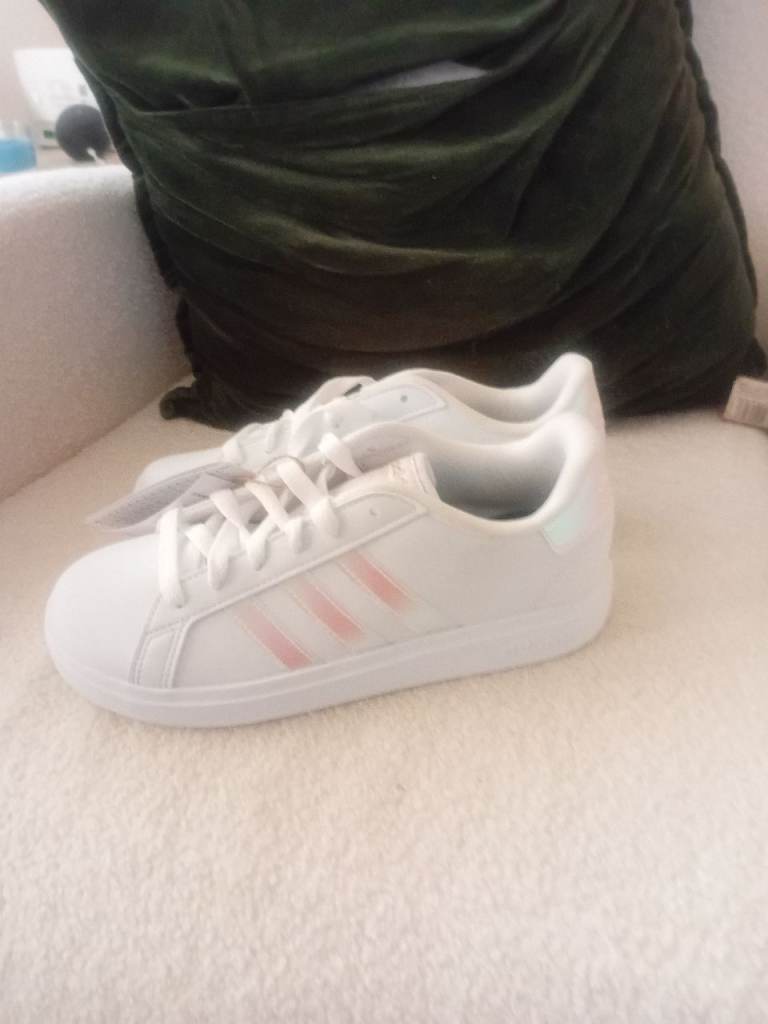 Brand New Adidas White Trainers with Pink Stripes