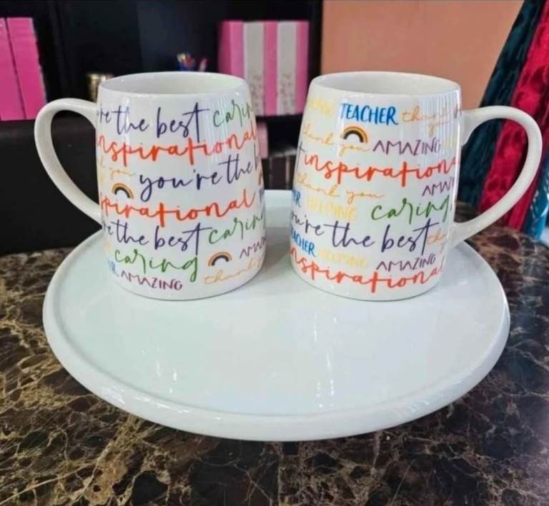 Two 'Best Teacher' Mugs on White Plate – Brand New