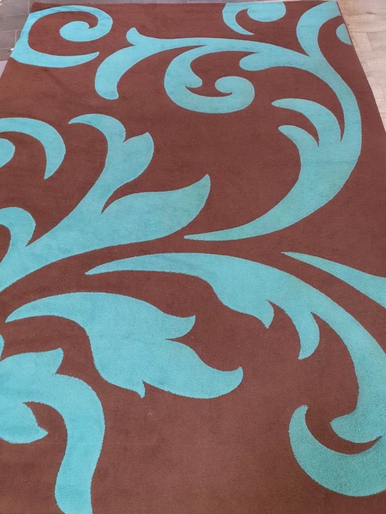 Brown Living Room rug with unique Blue Pattern (78.5" x 114")