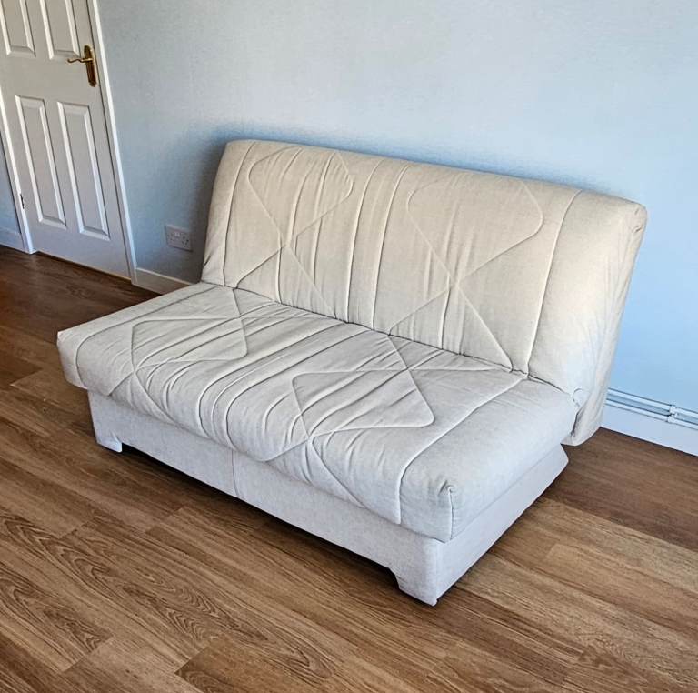 Compact Beige Fabric Sofa Bed – 2-Seater, Good Condition