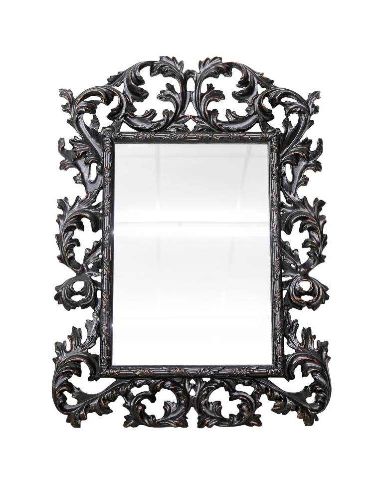 Antique Black Floral Carved Mirror – Ornate Wooden Frame