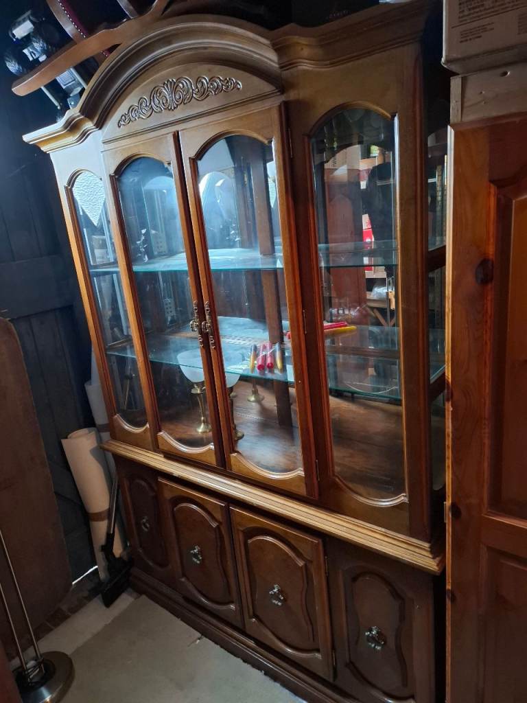 Wooden Display Cabinet with Glass Doors and Drawers