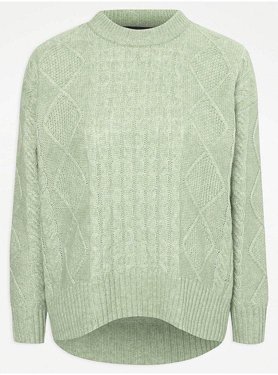 Green Cable Knitted Crew Neck Long Sleeves Slouchy Jumper Available in Size M & Size S