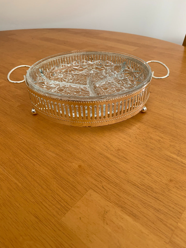 Vintage Glass Nibbles Dish, Intricate Pattern, Three Section Snack Serving Bowl