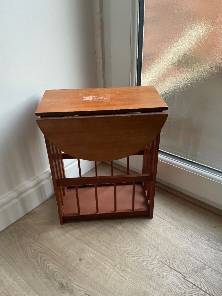 Vintage wooden small magazine rack, drop leaf side table storage coffee night stand 