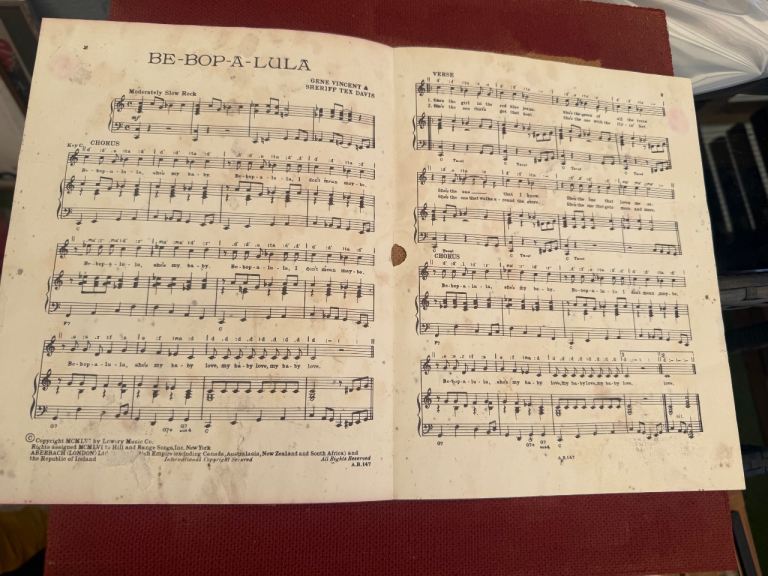 Vintage Be-Bop-A-Lula Sheet Music – Gene Vincent, Framed 38x38cm good condition