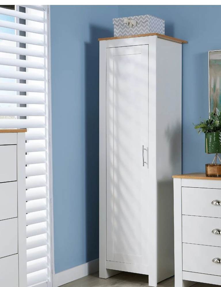 image for 1 Door Slim Wardrobe, Oak Effect Top, White