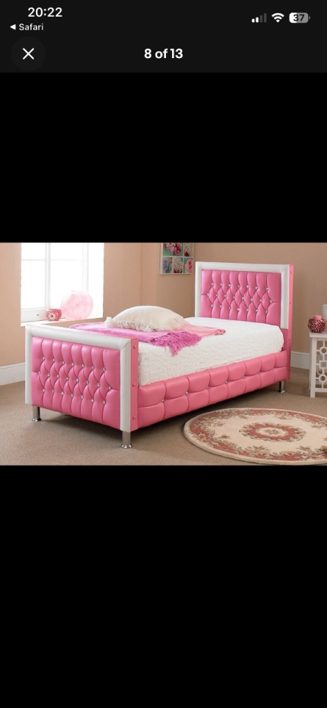 Pink Tufted Bed Frame with White Trim – Good Condition