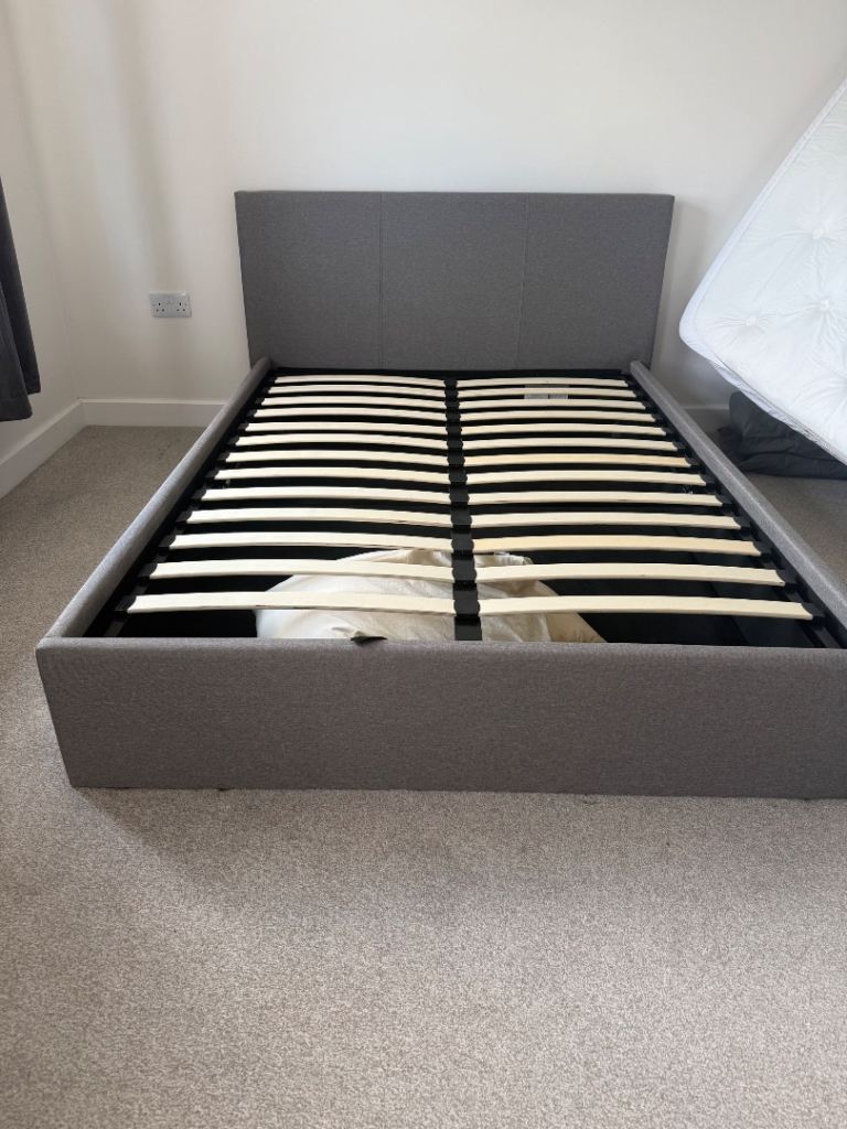 Double Bed Frame with Headboard – Grey Fabric, Good Condition